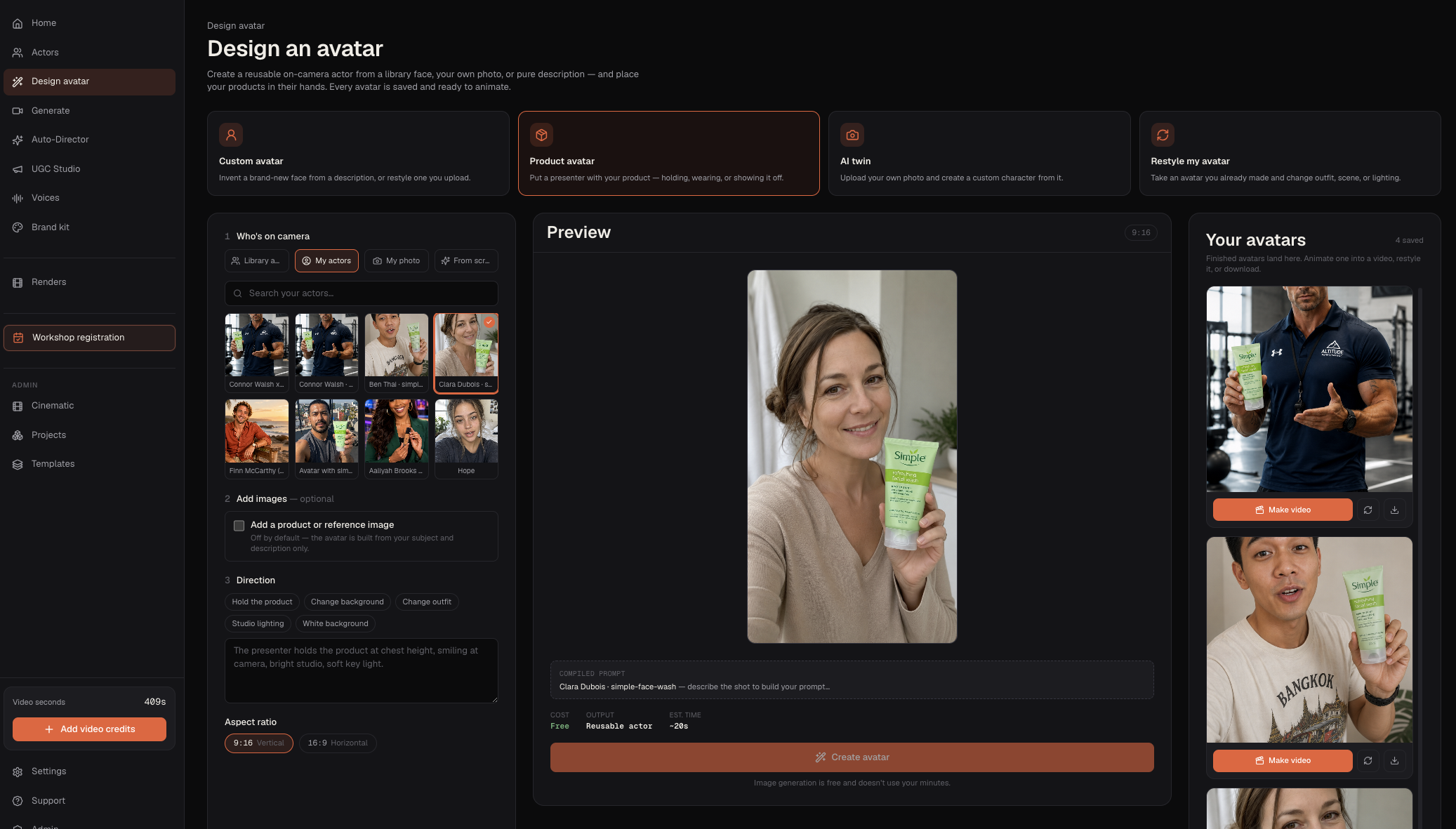 AI video editor workspace for designing an avatar