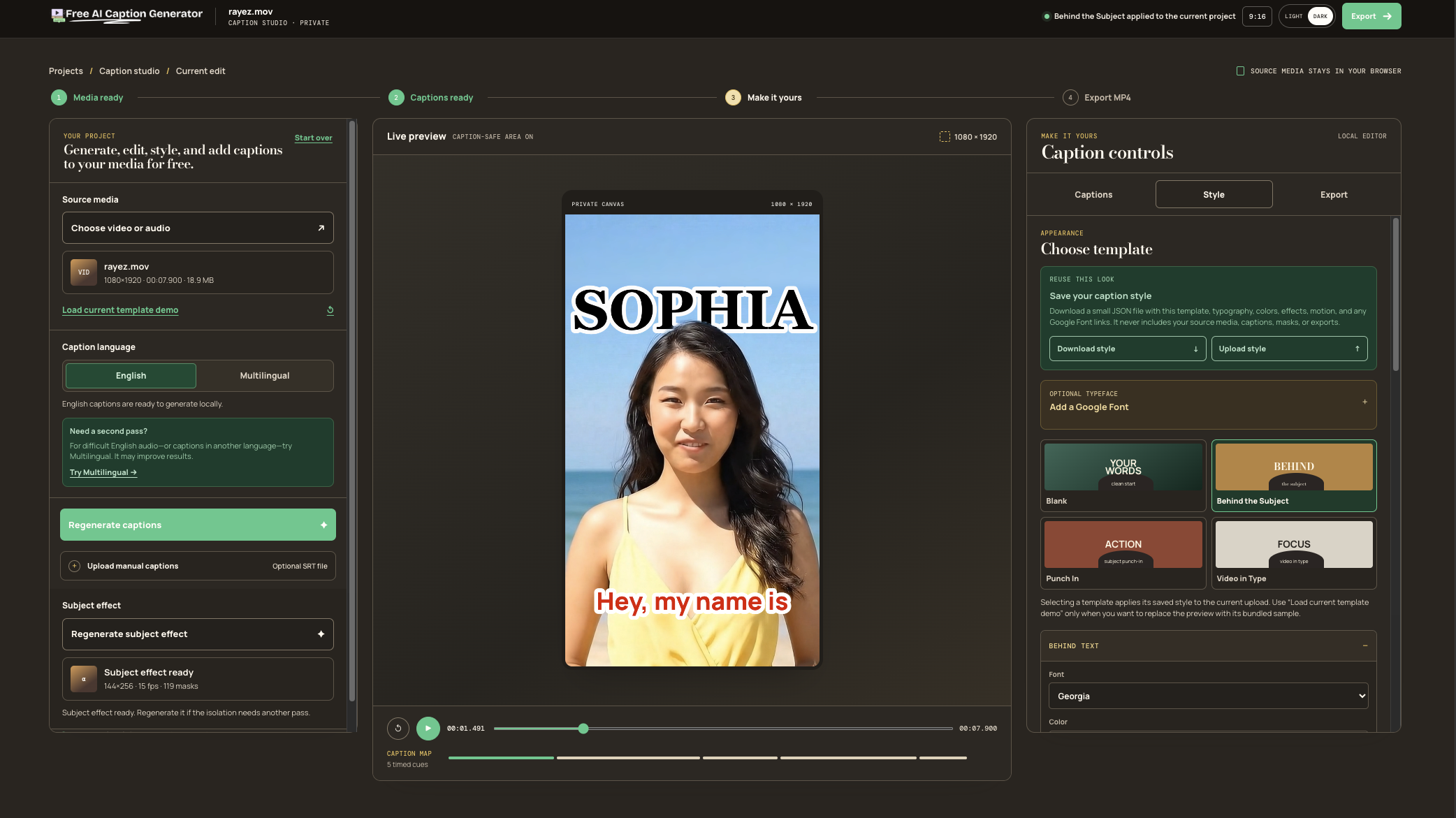 Free AI Caption Generator editing workspace