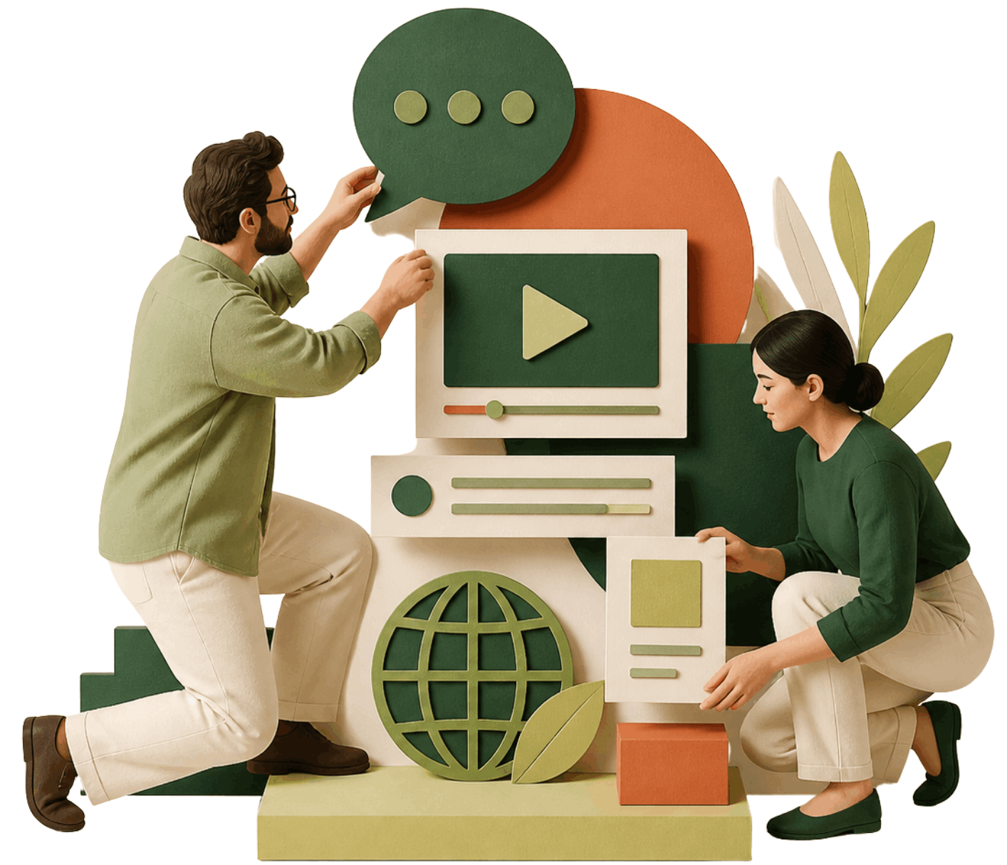 Papercraft illustration of people building a creative AI workflow